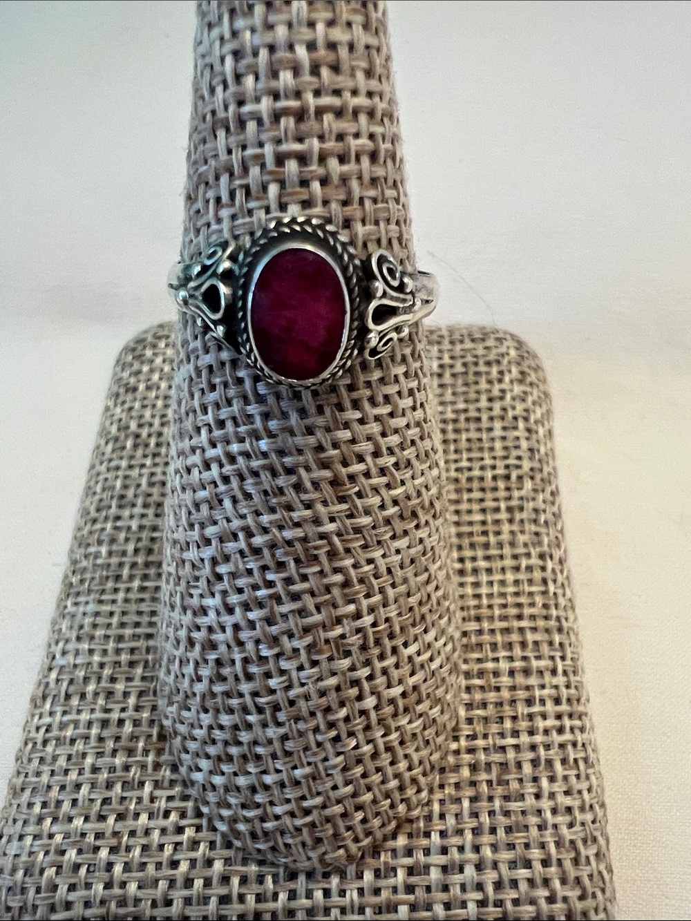Ornate Silver Ring with Deep Pink Oval Stone